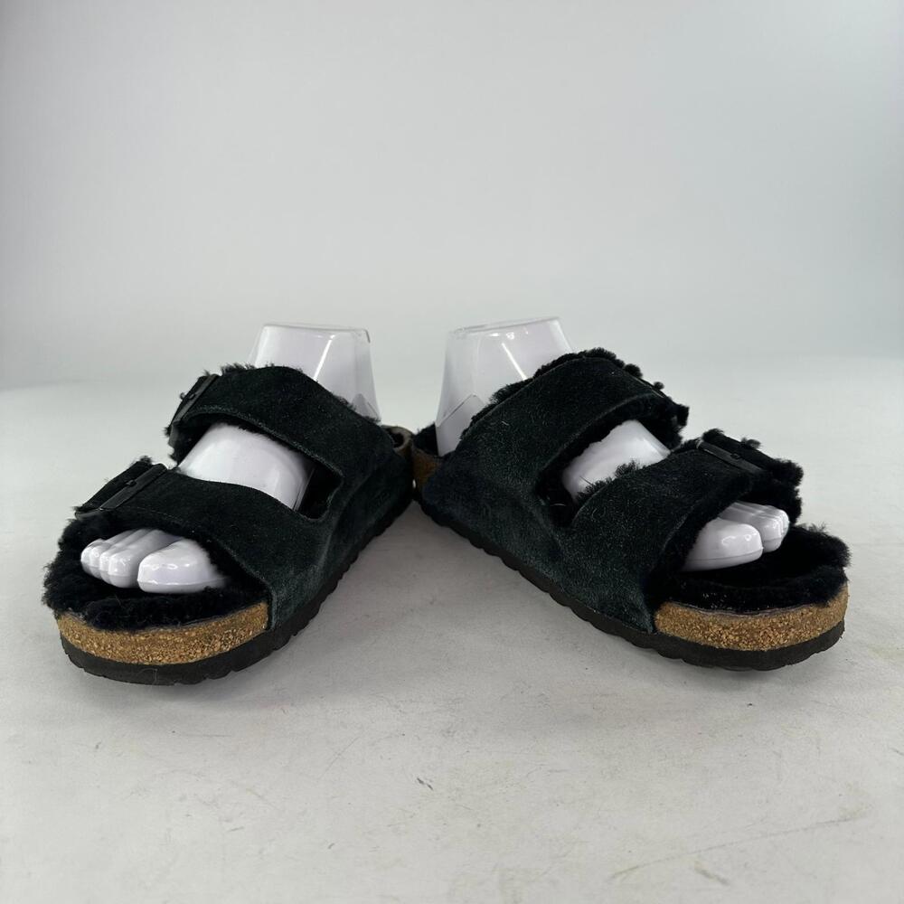 Birkenstock Arizona Shearling Sandals Sz 8 Black Suede Lined Buckle Shoes - Picture 12 of 12